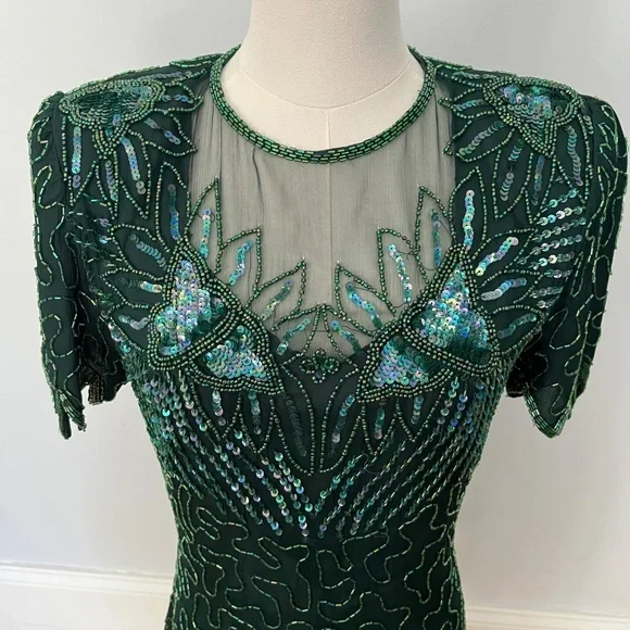 Denise Elle Vintage 80s Black Beaded Sequin Silk Cocktail Jagged Hem Dress PS - Picture 3 of 13